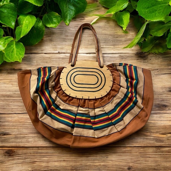 Vintage 1930’s Bonnie Bag Striped Brown and Multicolor wood fabric Women's Bag - Picture 1 of 4
